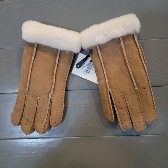 UGG Australia Women perforated Genuine Shearling Handmade Chestnut Glove size L - Picture 4 of 14